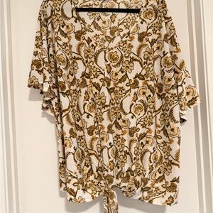 Cocomo White Blouse with Gold & Brown Floral Print Tie Front